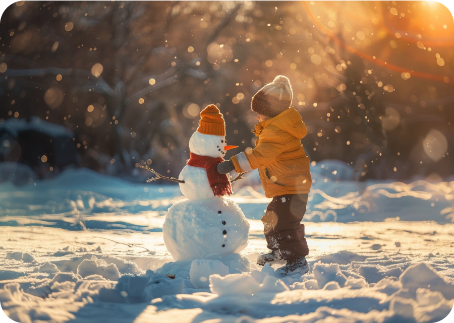 Ett barn som står framför en snögubbe