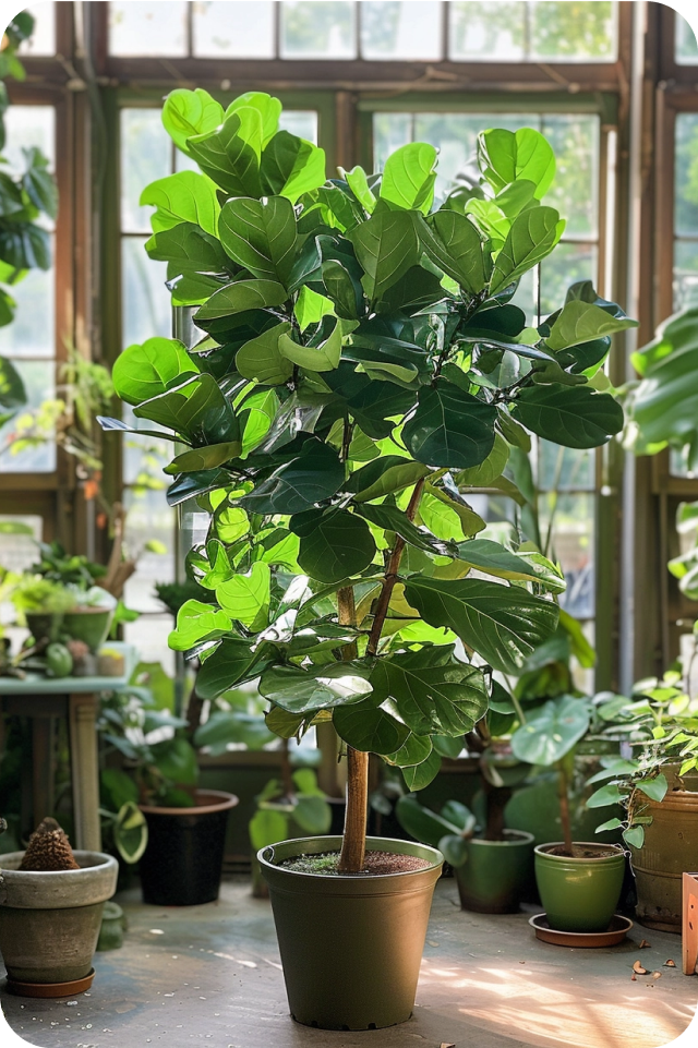 En stor planta in i ett ljust växthus