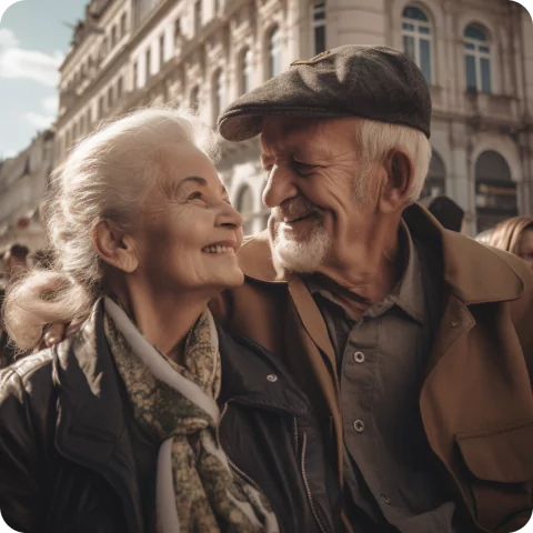 Ett äldre par som står framför ett hus