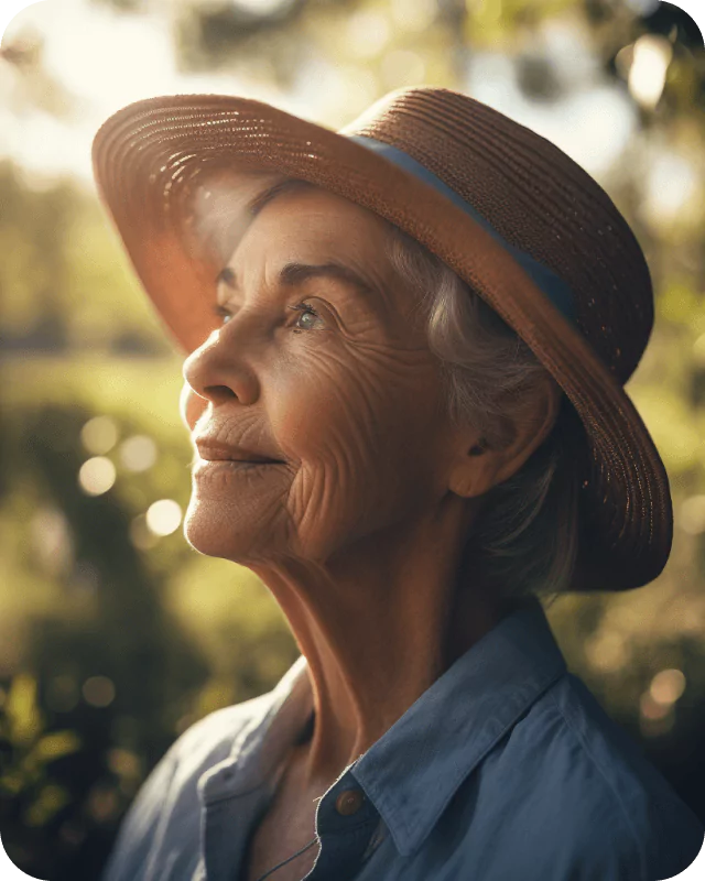 En äldre kvinna står utomhus och ler mot solen
