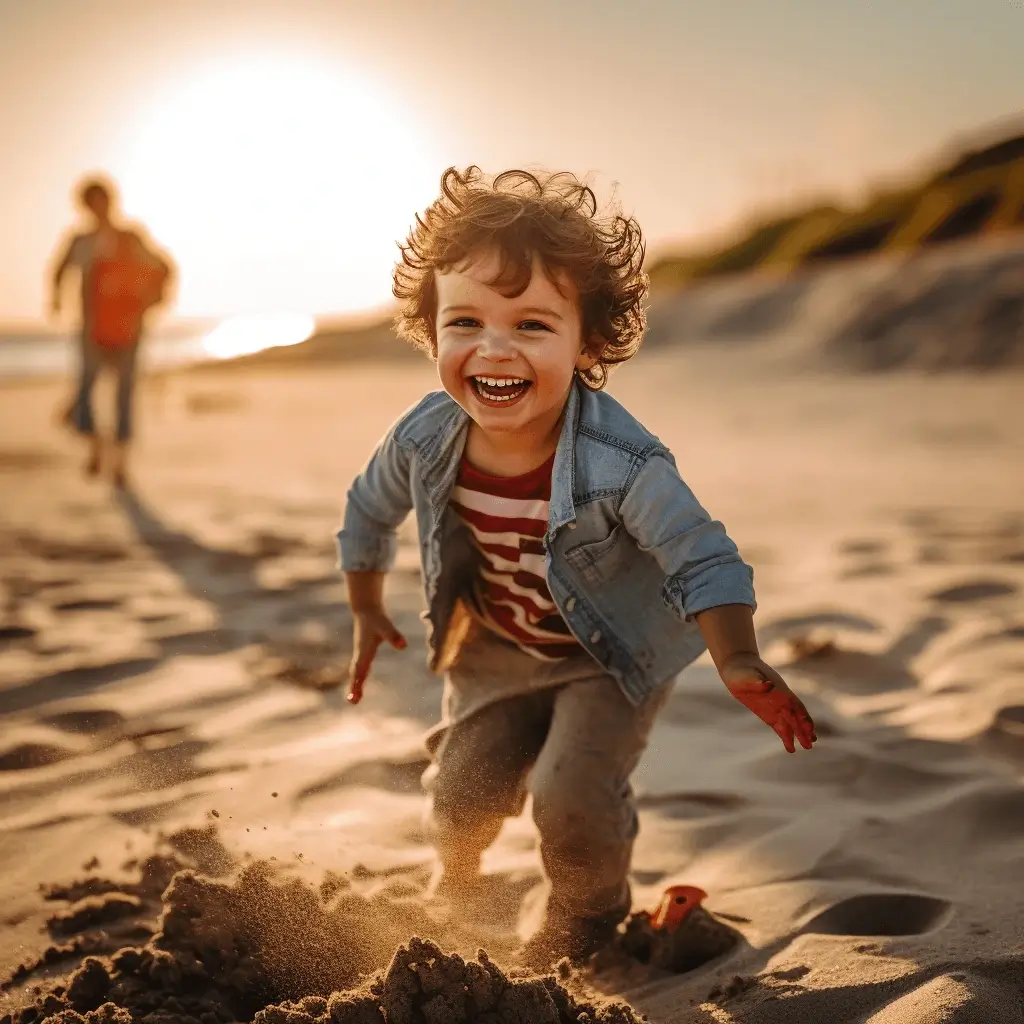 En glad liten pojke springer på stranden