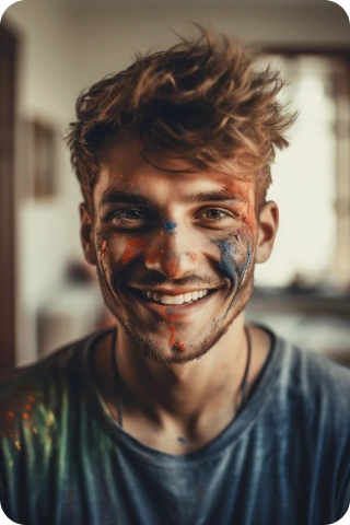 En man med målarfärg i ansiktet ler mot kameran