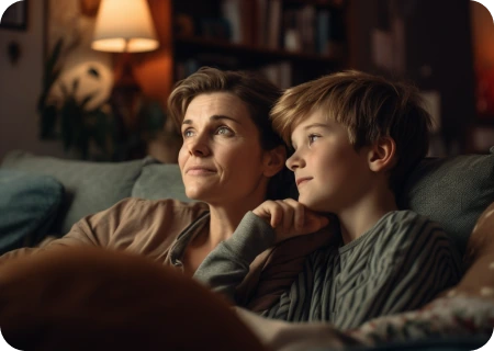 En kvinna och en pojke sitter i en soffa