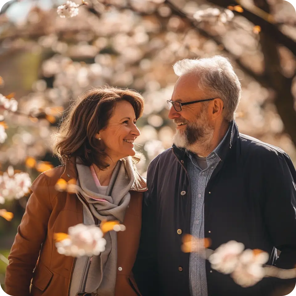 En man och en kvinna som ler mot varandra med ett blommande träd i bakgrunden.