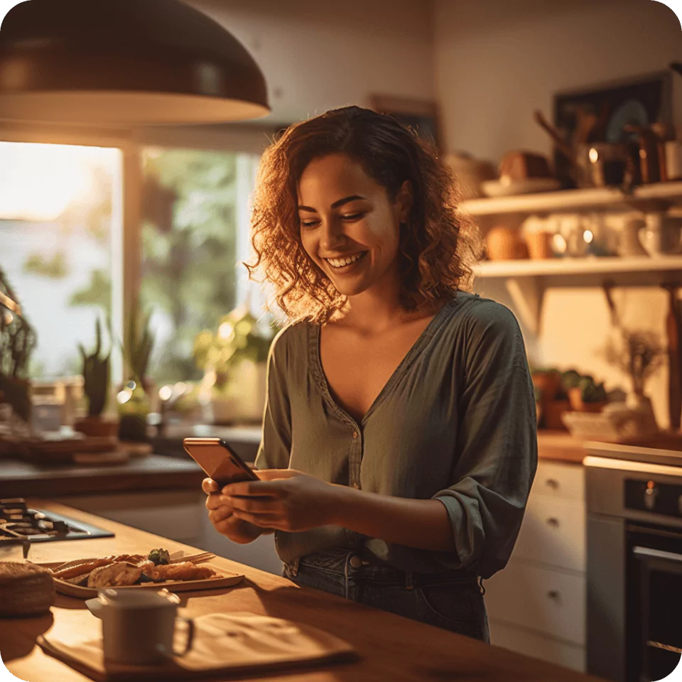 En kvinna som står i ett kök och kollar på sin mobil med ett leende.